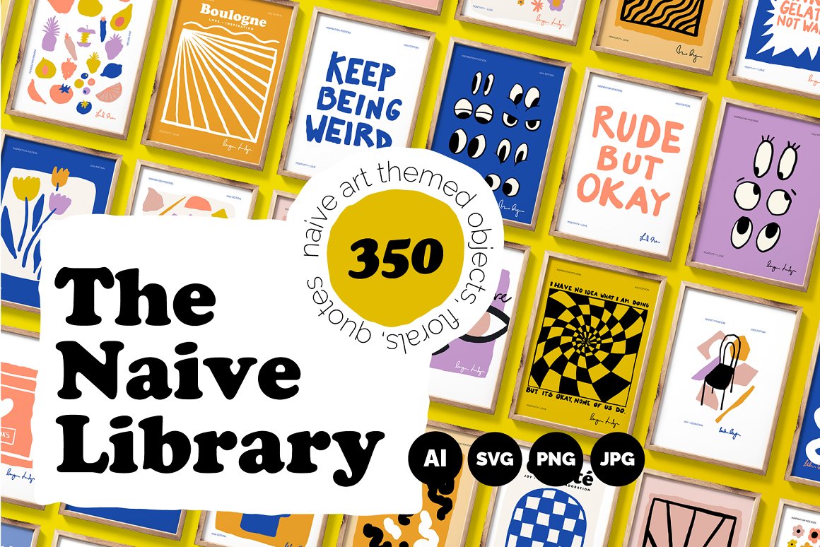 350个复古创意趣味卡通手绘插画矢量元素海报印花设计AI模板套件 Naive Art Clipart + Posters（7150）