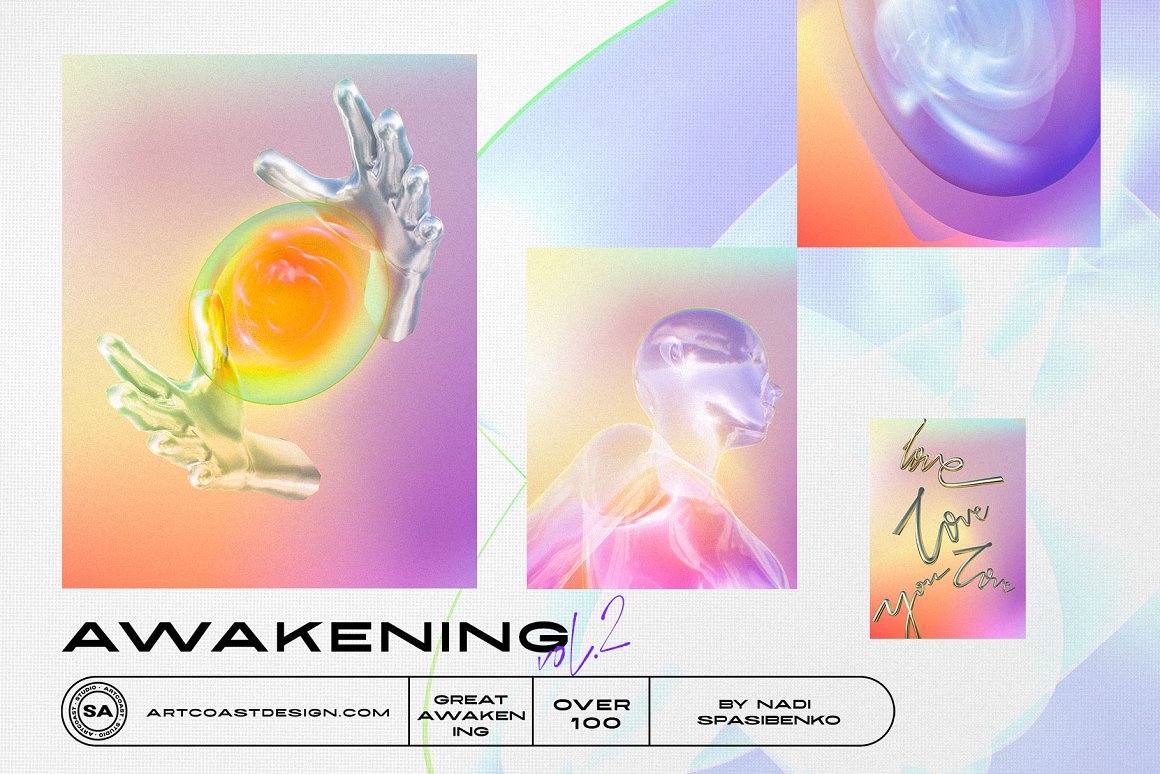 千禧年Y2K未来幻想梦幻立体抽象人物手臂金属渐变文字免扣PNG设计素材 AWAKENING 3D Objects & Poster（7166）