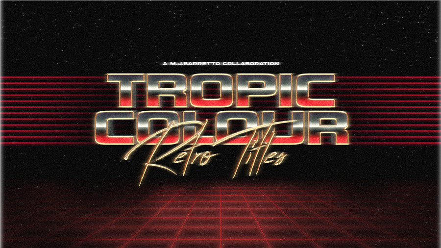 Tropic Colour 80年代复古创意金属渐变3D漫反射排版视觉效果标题工具包+VHS叠加视频素材 80'S RETRO FILM TITLES图层云4