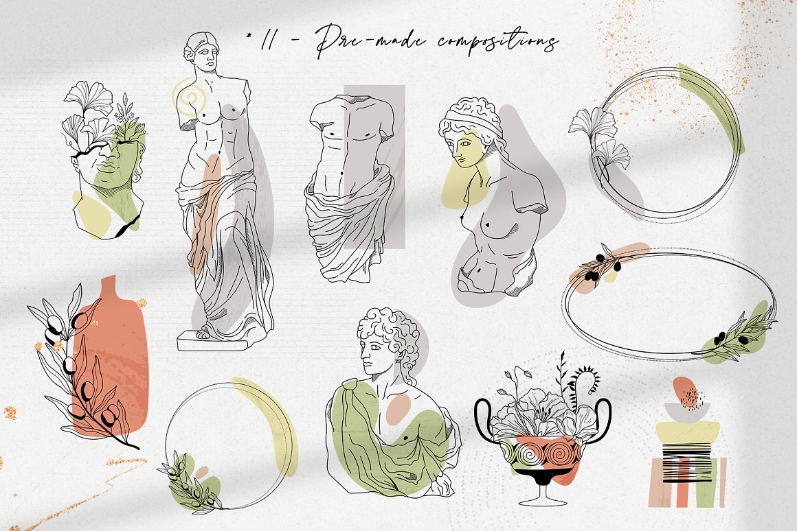 极简艺术古希腊神话英雄人物雕像装饰手绘线描海报插画AI矢量设计素材 Antique greek beauty – designs kit（7182）图层云15