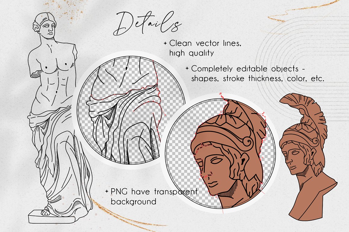 极简艺术古希腊神话英雄人物雕像装饰手绘线描海报插画AI矢量设计素材 Antique greek beauty – designs kit（7182）图层云7