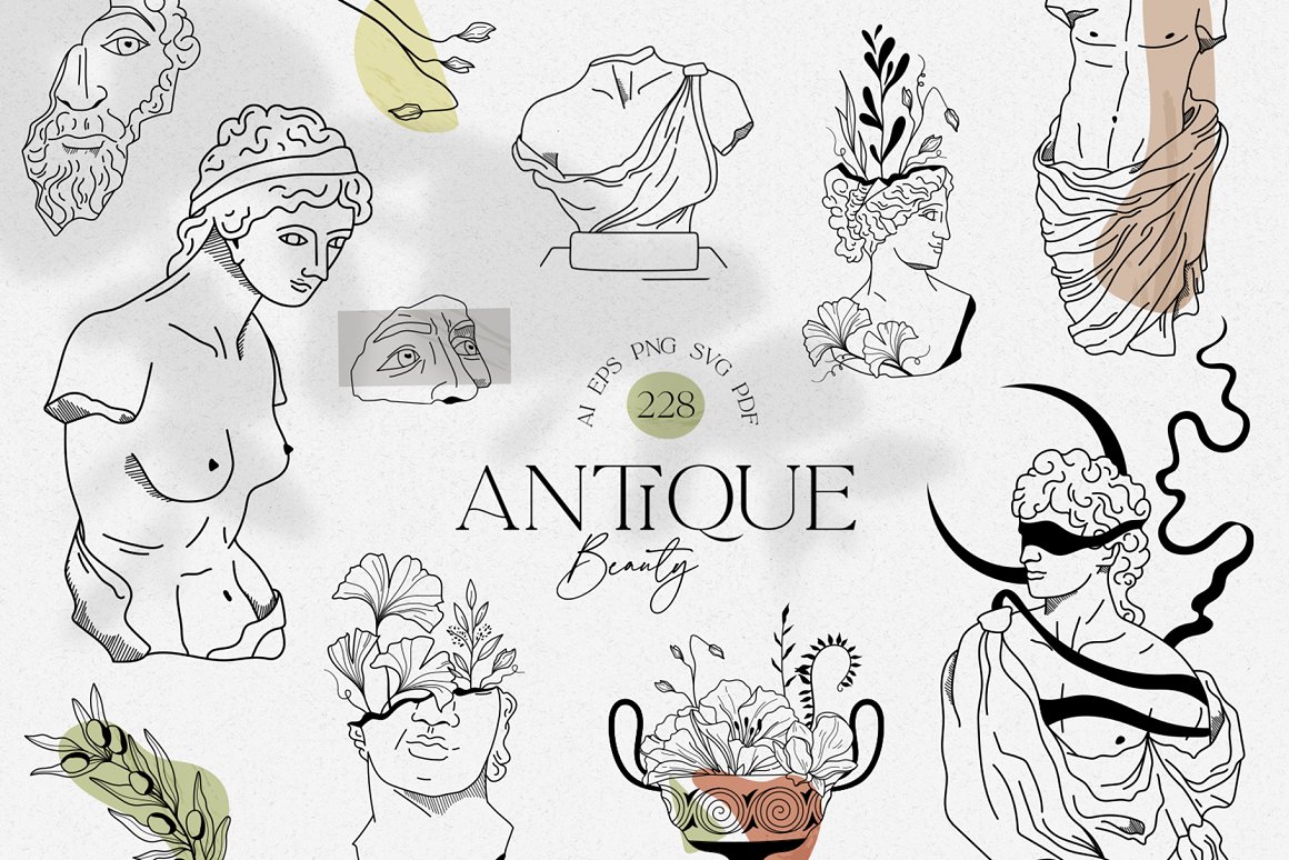 极简艺术古希腊神话英雄人物雕像装饰手绘线描海报插画AI矢量设计素材 Antique greek beauty – designs kit（7182）图层云