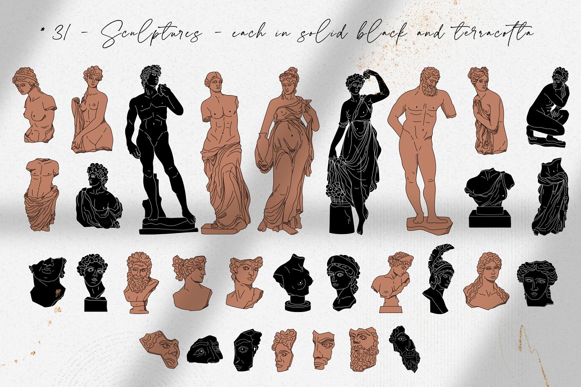 极简艺术古希腊神话英雄人物雕像装饰手绘线描海报插画AI矢量设计素材 Antique greek beauty – designs kit（7182）图层云2