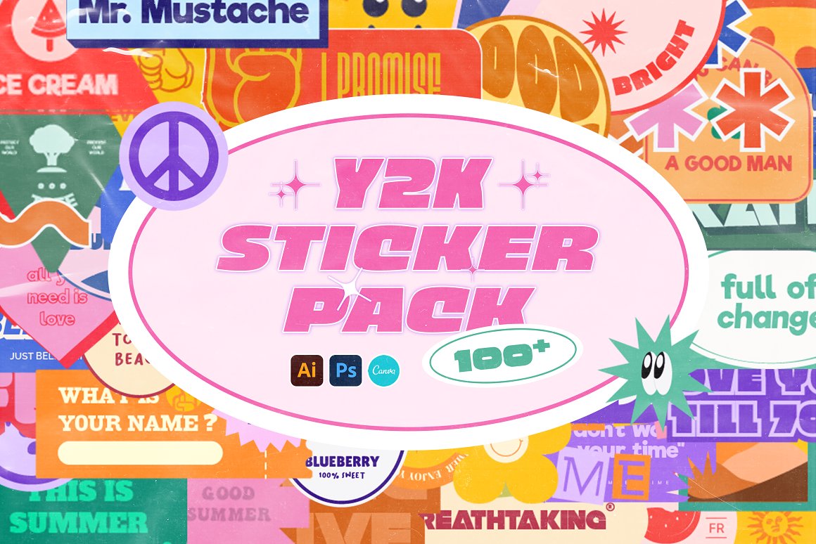 Sixtysix Labs 100个80年代复古Y2K千禧风格标签贴纸设计AI矢量素材 Y2K Sticker Pack（7204）