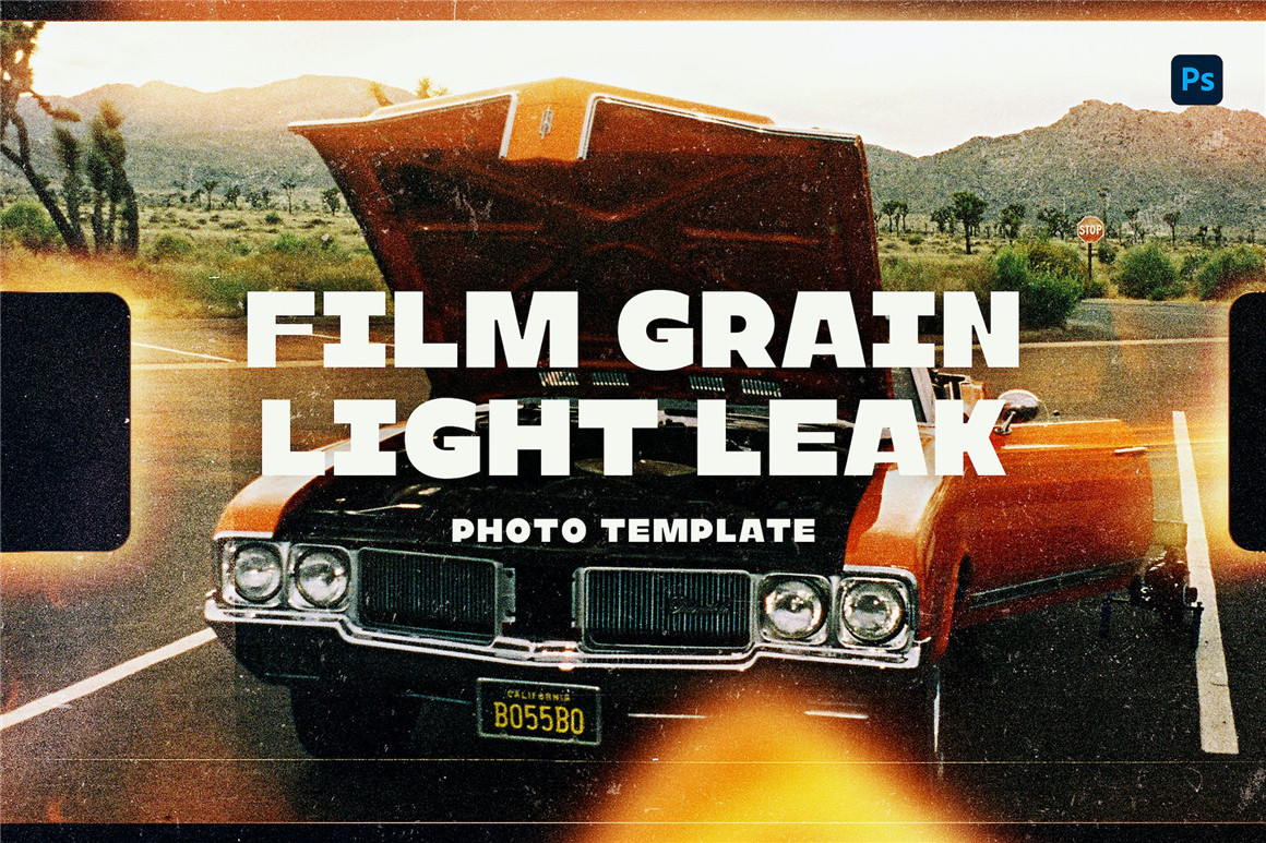 Sko4 复古电影颗粒漏光胶片帧烧录梦幻竖屏框架相册海报PSD设计素材模板 Film Grain Light Leak Photo Template（7213）