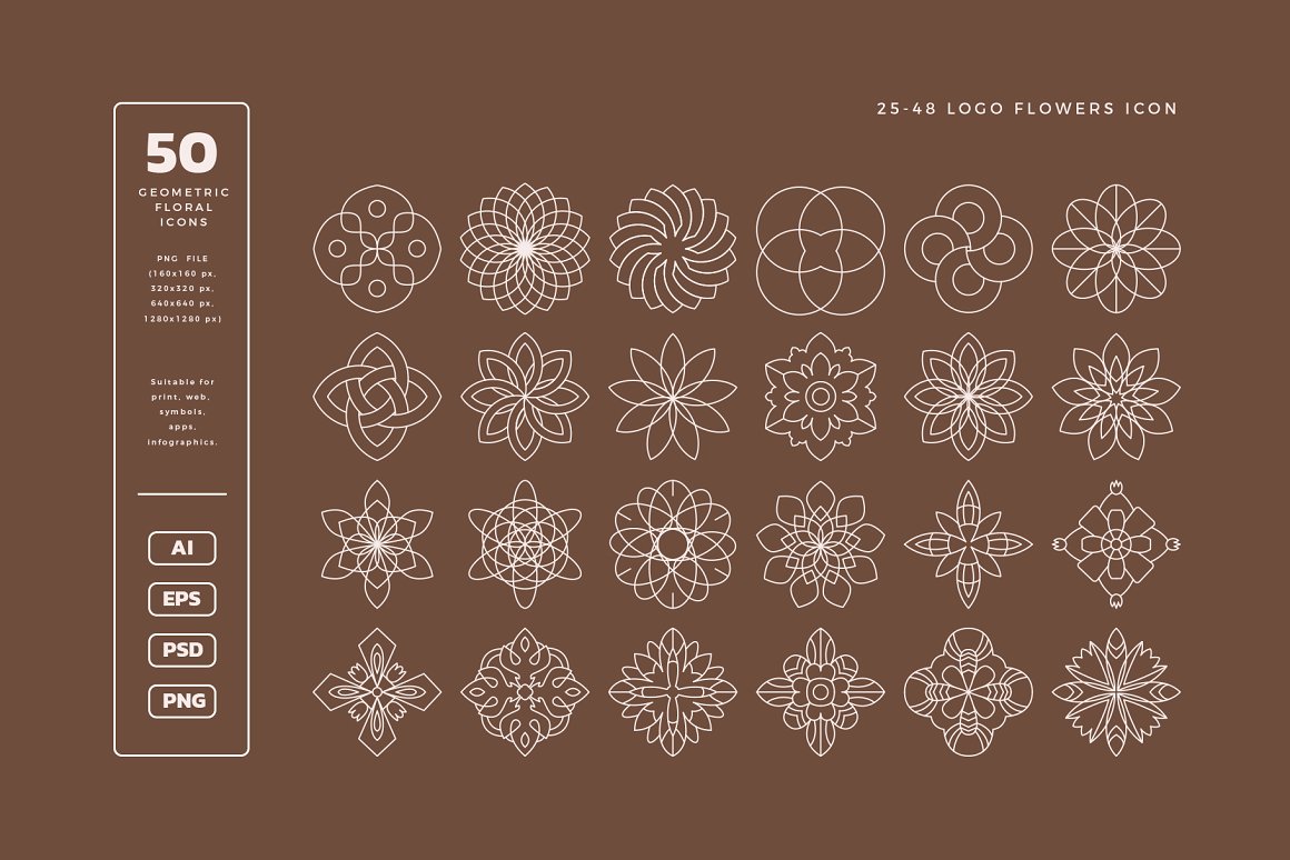 100个极简手绘风格几何图形婚礼花卉浪漫图案霓虹渐变元素背景 Geometry Floral Logo Kit（7214）图层云