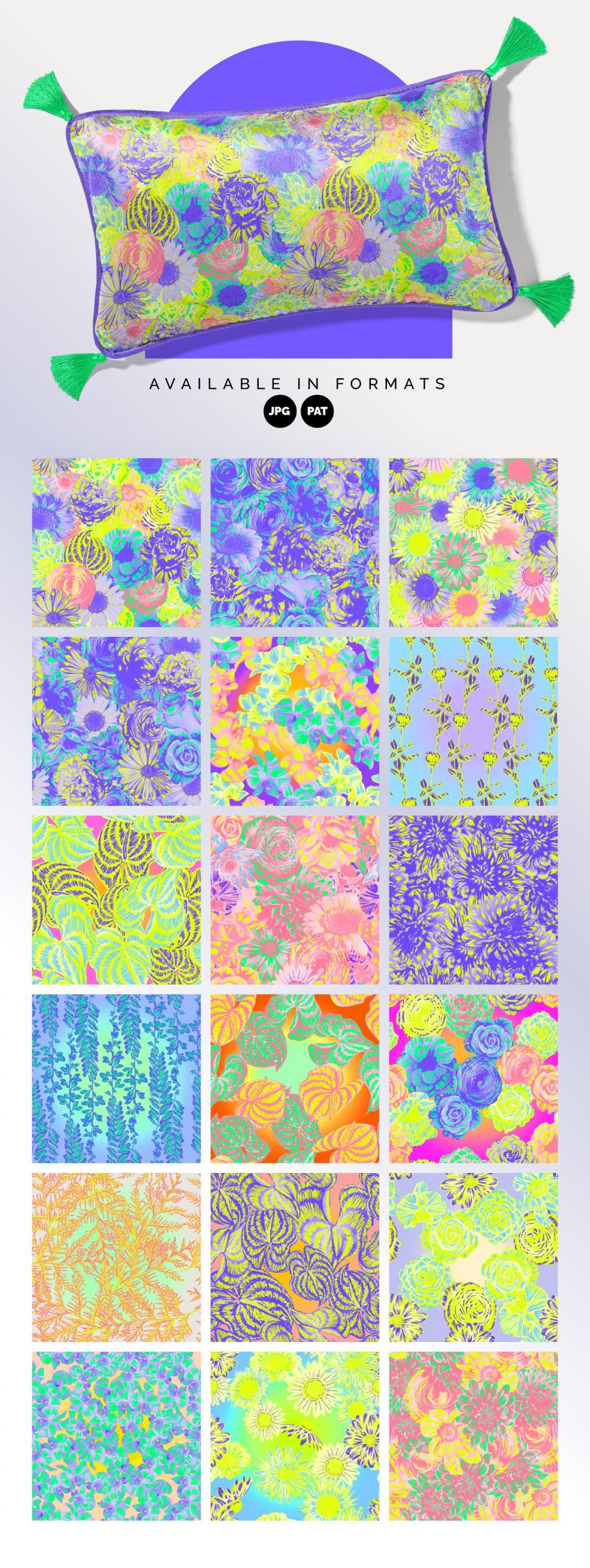 80年代复古酸性霓虹渐变植物花卉波浪线无缝图案海报印刷套件 Neon Floral Maximalist Patterns（7225）图层云
