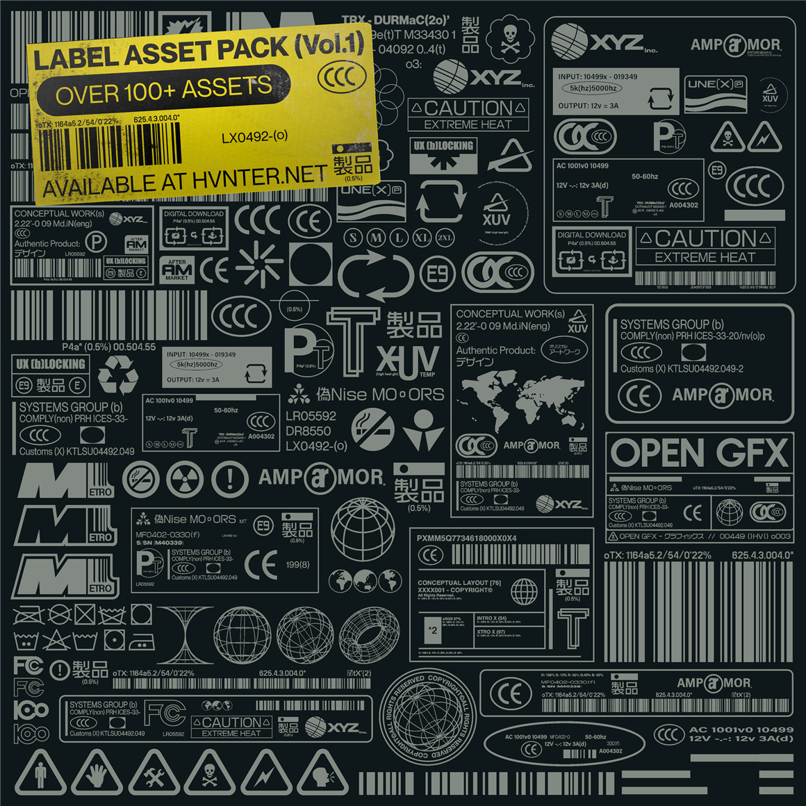 107个赛博朋克工业风格矢量标签印刷设计图标套件 Label Asset Pack Vol.1（7235）图层云