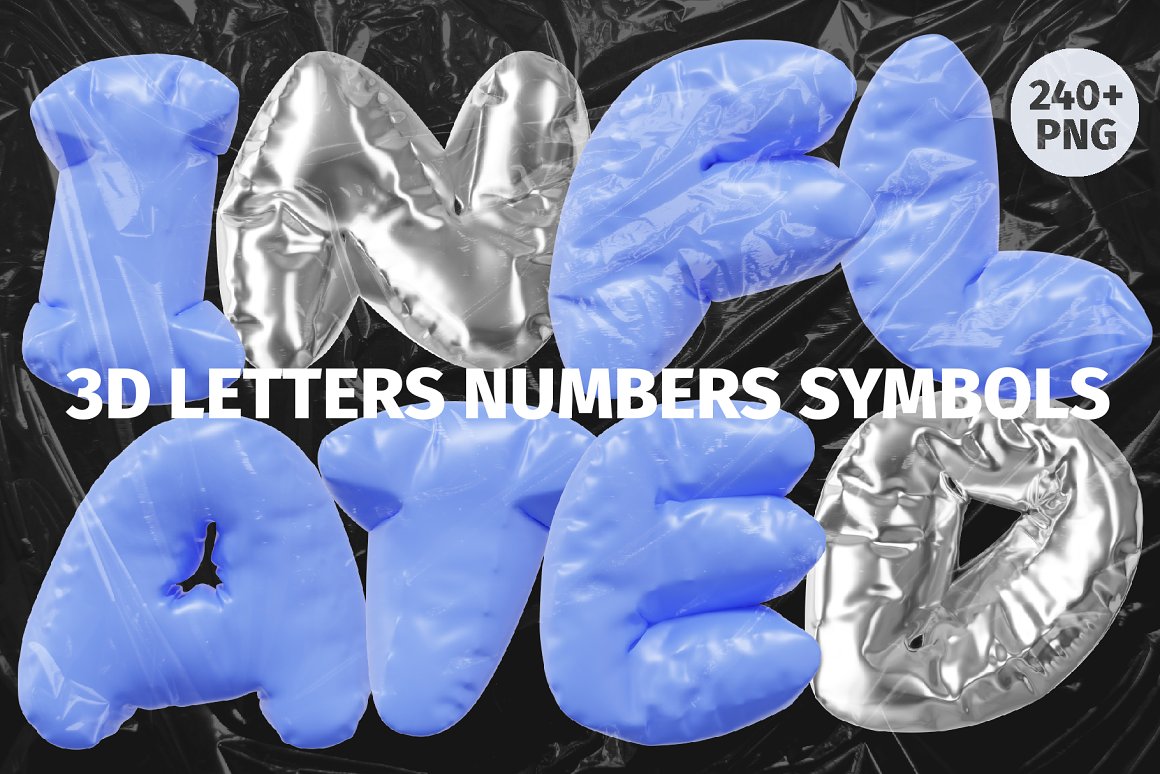 240多个趣味卡通3D渲染Y2K铝箔质感金属气球镀铬英文字母PNG元素设计套装 3D Inflated Type – Letters Numbers（7478）