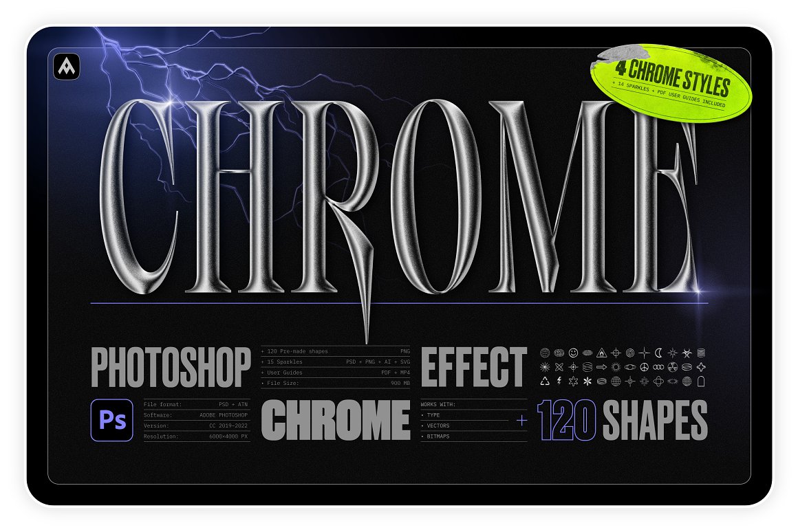 Samolevsky 新潮视觉酸性金属镀铬抽象艺术形状闪光光晕颗粒状纹理PSD模板 Chrome 3D Effect Chrome 3D Photoshop Effect + Shapes（7598）