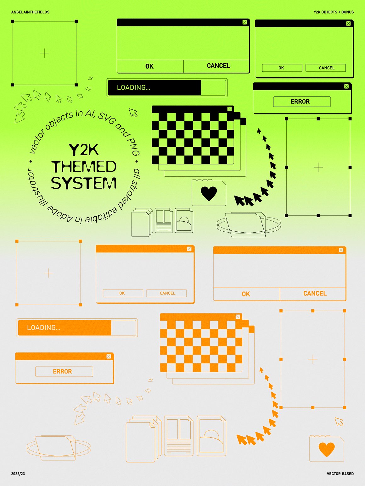 400多个90年代Y2K风格趣味贴纸几何拼贴画弥散光霓虹框架图标设计套装 400+ Y2K Elements + Bonus（7488）图层云