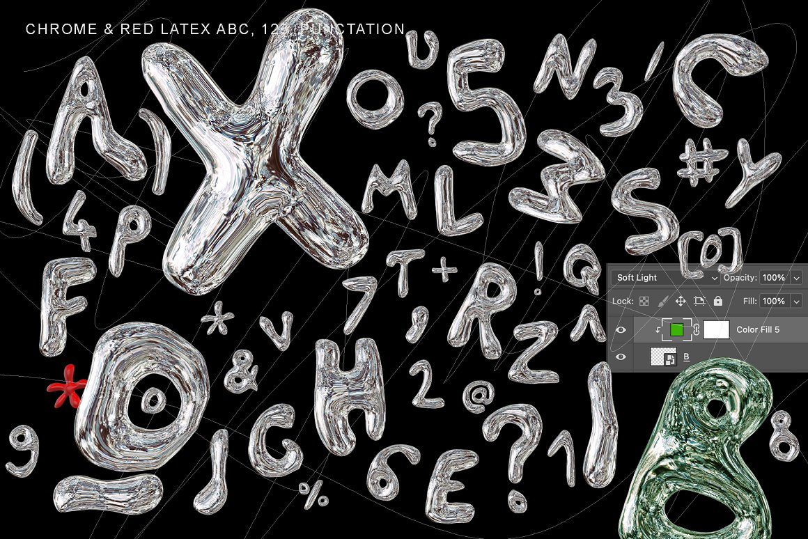 175款Y2K复古实验3D渲染金属镀铬立体英文字母符号插画PNG高清免扣设计套装 CHROME & LATEX 3D Bubble Font Duo（7509）图层云1
