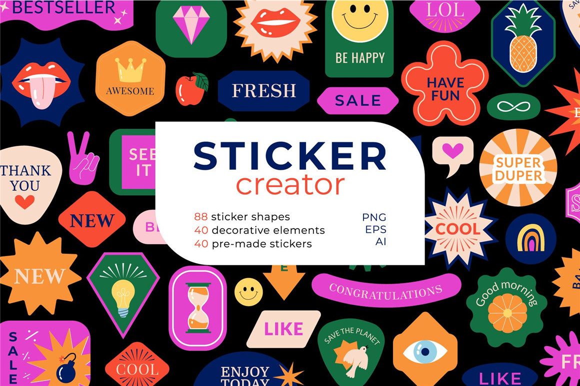 169个复古表情水果标签花卉广告海报横幅制作矢量贴纸元素包 Retro stickers, vector creator（7530）图层云