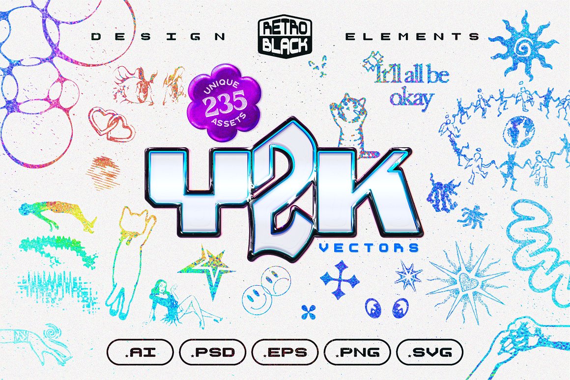 235款复古嘻哈Y2K酸性千禧风格矢量图形图标抽象表情包插画设计套装 235 Y2K Shapes, Icons and Elements（7534）图层云