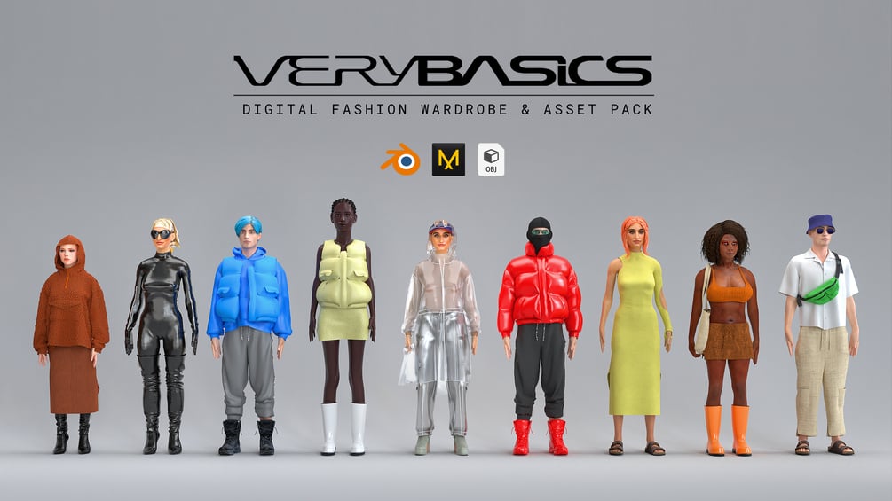 150多种数字藏品虚拟人物现代时尚服装鞋子珠宝配饰3D模型材质 Digital Fashion VERYBASICS - VirtualWardrobe & Asset Pack （Blender & Marvelous Designer）（7569）