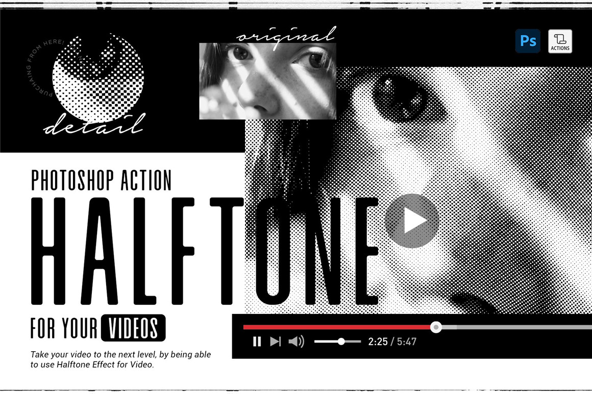PS动作：复古逼真有机半色调打印效果视频素材PS动作 Halftone Action for Videos（7581）图层云