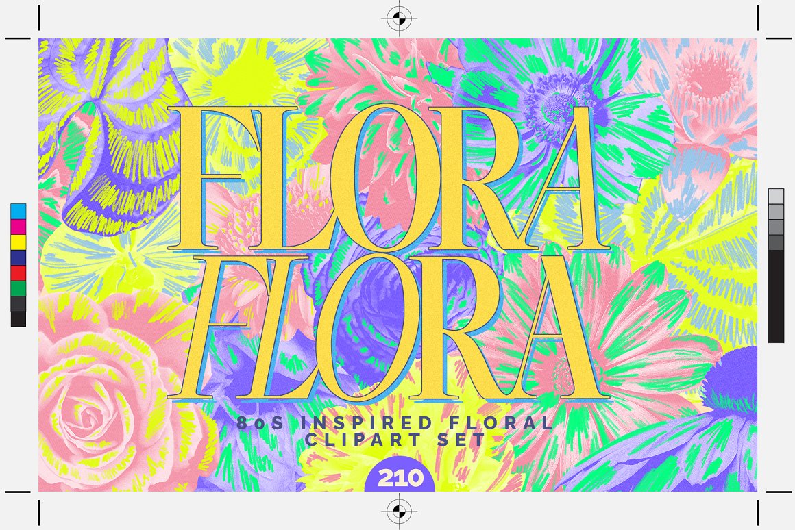 90年代复古霓虹花卉花朵剪贴画拼贴涂鸦PNG元素弥散光渐变背景设计套装 80s Floral Clipart + Bonus（7603）
