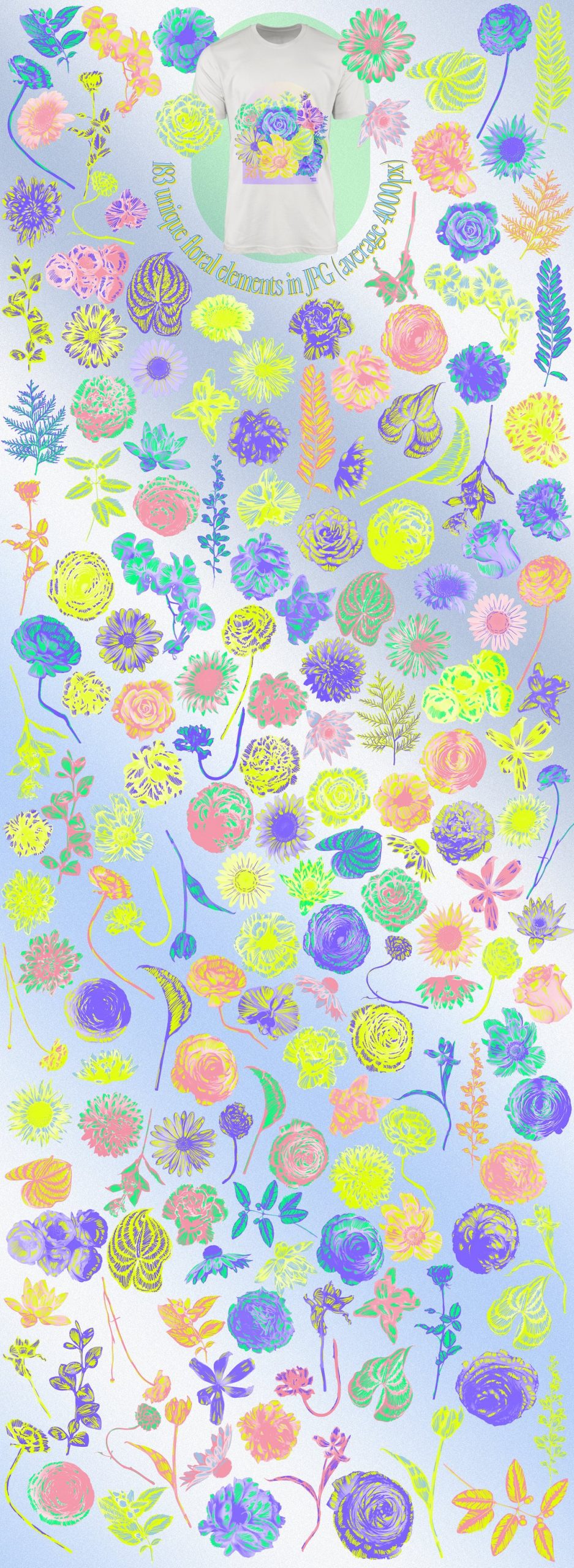 90年代复古霓虹花卉花朵剪贴画拼贴涂鸦PNG元素弥散光渐变背景设计套装 80s Floral Clipart + Bonus（7603）图层云9