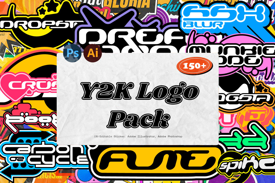 150多个复古千禧年Y2K风格彩色LOGO图标标签贴纸形状资产包 Y2k Logo Pack（7629）图层云