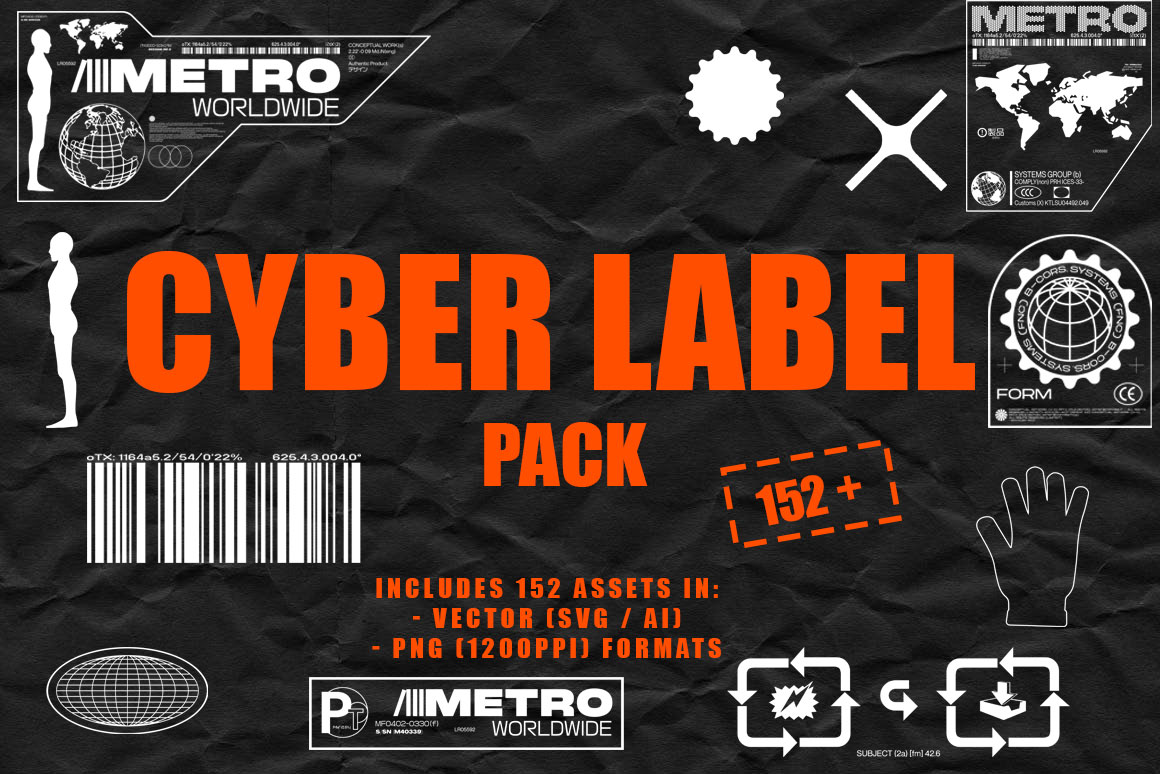 152个赛博朋克未来主义标签贴纸几何标注矢量设计素材 Cyber Label Pack by Hvnter（7632）