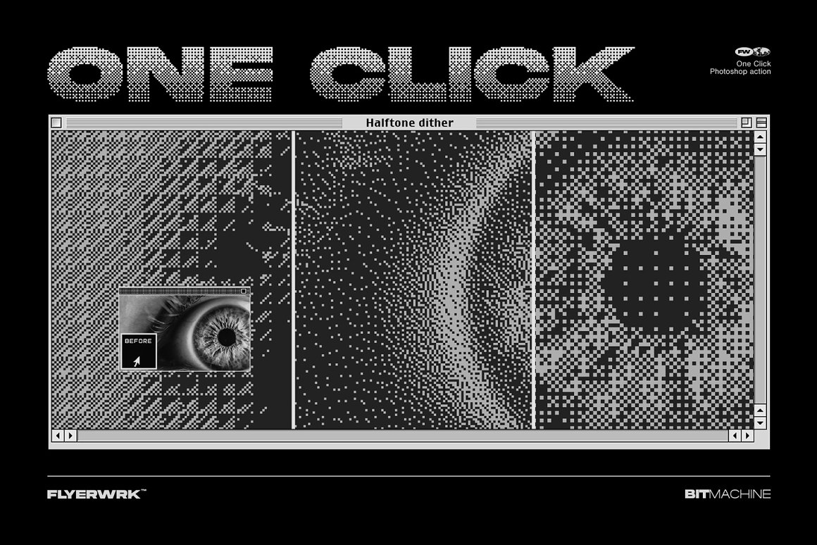 FLYERWRK 复古像素风格8位半色调老旧诺基亚屏幕显示效果PS动作 Bit machine Halftone Action（7650）图层云