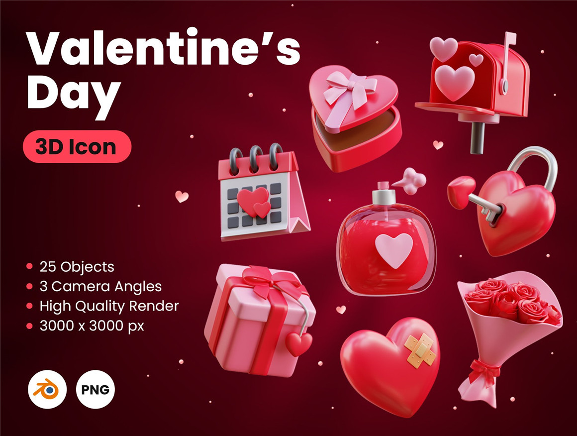 浪漫七夕情人节爱情爱心3D图标元素素材 Valentine's Day 3D Icon（7701）