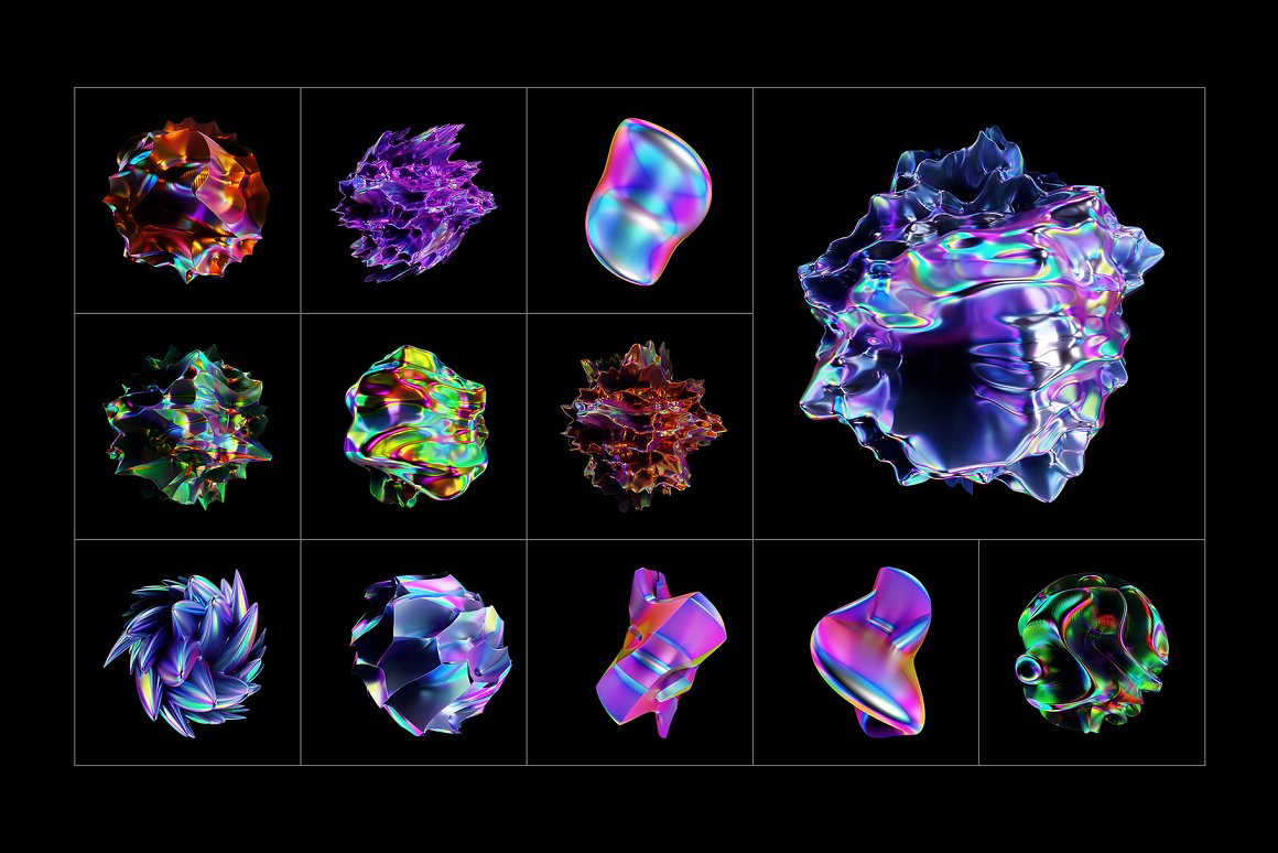 50个大胆全息3D独特抽象创意形状封面海报免扣PNG元素包 Holographic 3D Abstract Shapes（7787）图层云