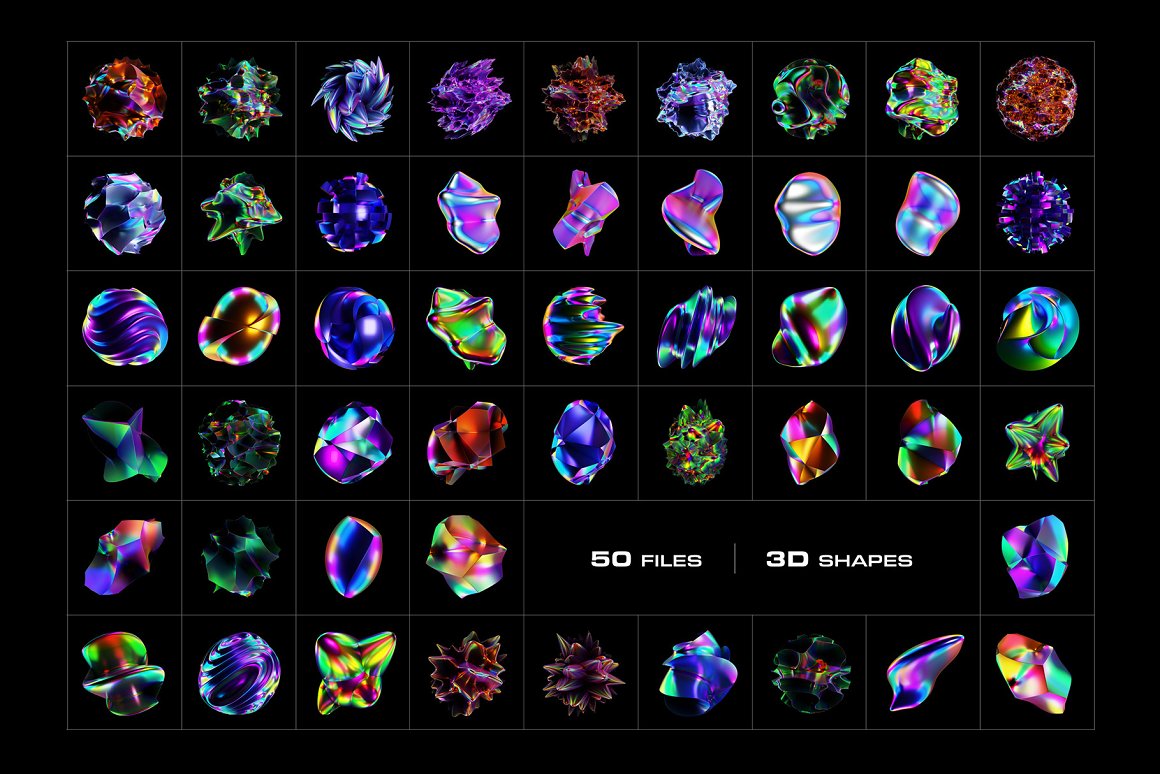 50个大胆全息3D独特抽象创意形状封面海报免扣PNG元素包 Holographic 3D Abstract Shapes（7787）图层云