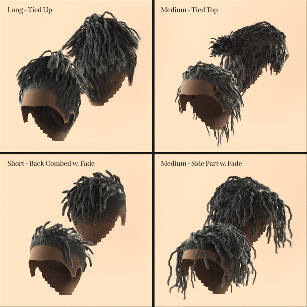 C4D模型：8种嘻哈风格逼真男士头发发辫脏辫发型3D模型材质包（7795）图层云