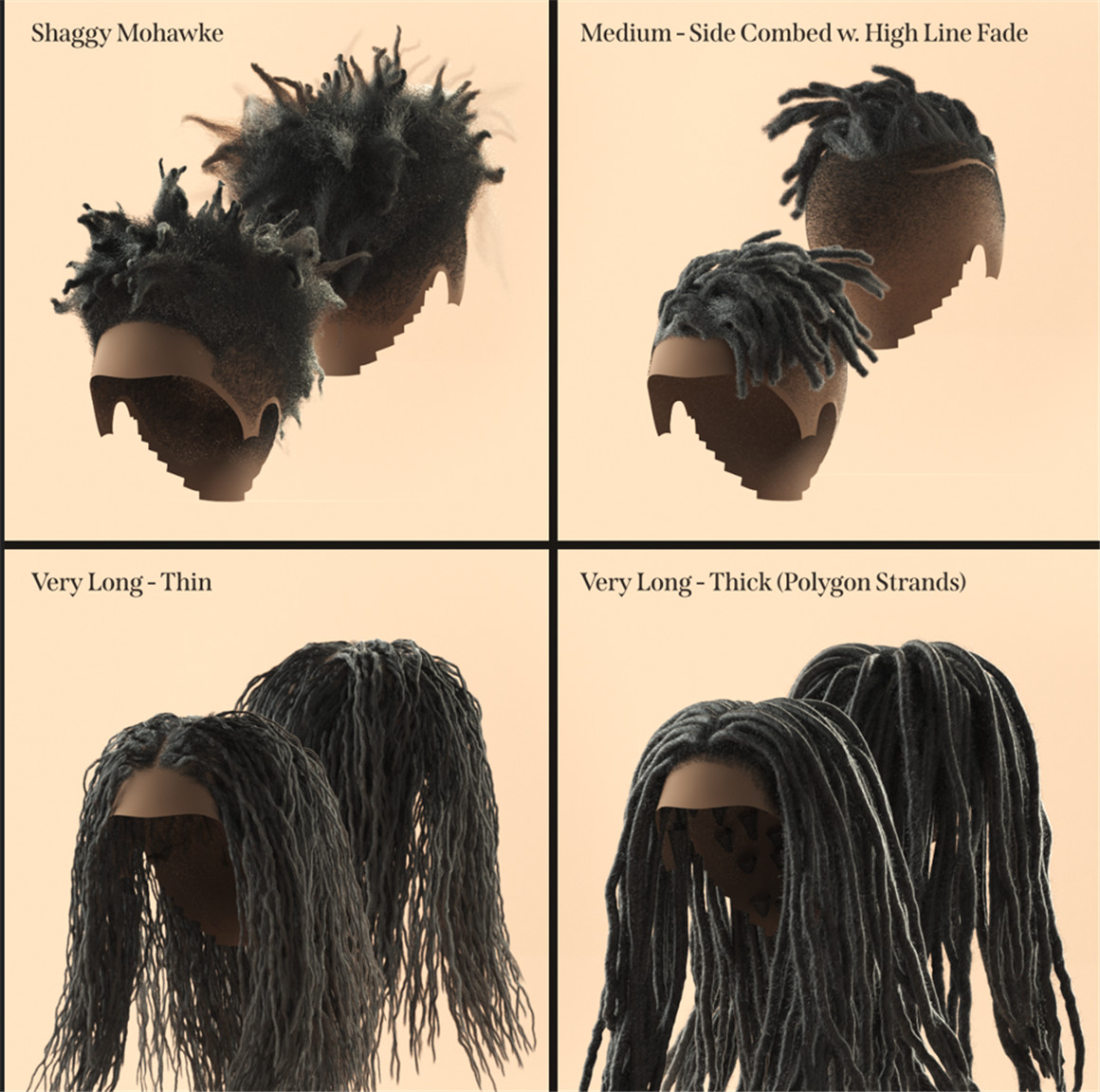 C4D模型：8种嘻哈风格逼真男士头发发辫脏辫发型3D模型材质包（7795）图层云