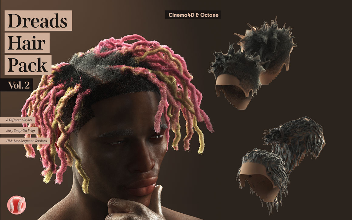C4D模型：8种嘻哈风格逼真男士头发发辫脏辫发型3D模型材质包（7795）