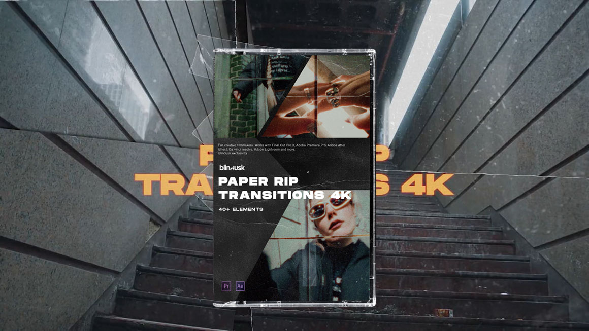 Blindusk 40多个新潮视觉撕纸胶带纸电影烧录燃烧4K转场过渡包 PAPER RIP TRANSITIONS（7809）