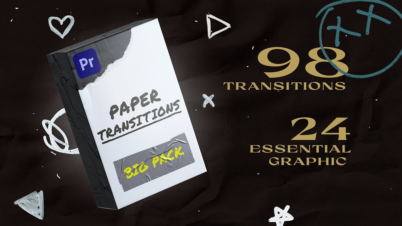 PR模板：98个撕纸褶皱拼贴艺术擦拭定格动画转场过渡包（7832）
