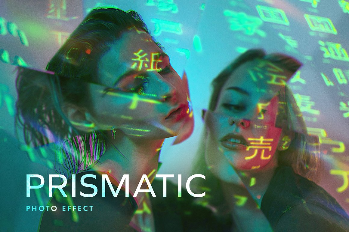 时尚迷幻故障风扭曲损坏错位玻璃碎片棱镜折射照片图像滤镜PS样机特效模板 Prismatic Photo Effect（7925）
