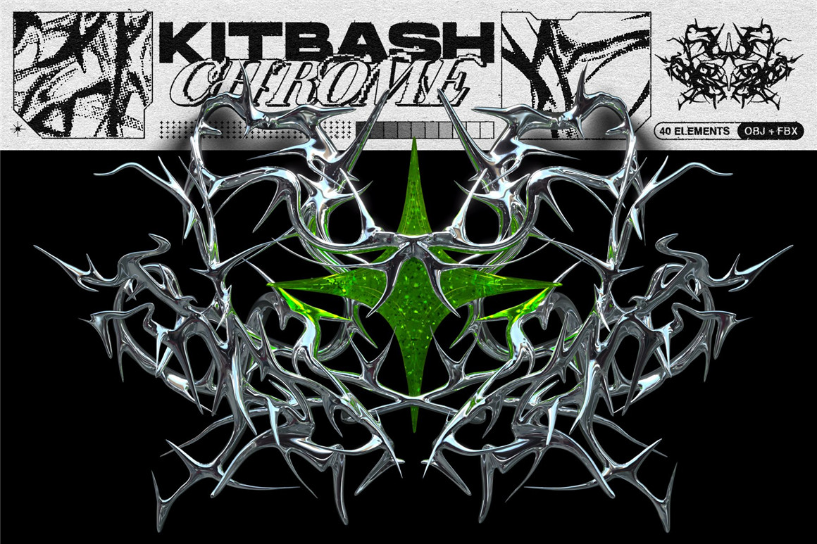 抽象酸性金属镀铬表情链条图案背景海报封面排版3D模型素材 Chrome Style Kitbash（8057）图层云