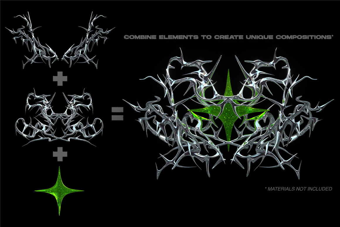抽象酸性金属镀铬表情链条图案背景海报封面排版3D模型素材 Chrome Style Kitbash（8057）图层云1