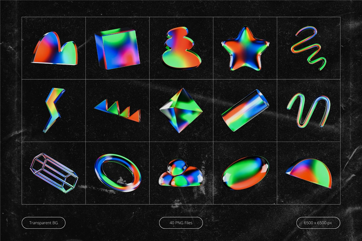 霓虹炫彩玻璃水晶抽象艺术3D立体质感多角度几何图形PS素材 Glassmorphic - 3D Glowy Shapes（8039）图层云3