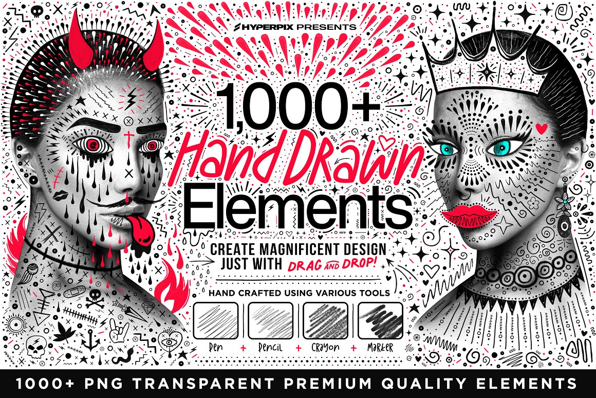 1000款创意卡通有趣手绘涂鸦线条符号人物装饰图案PNG免抠设计素材 Hyper Hand Drawn – 1,000+ PNG Hand Crafted Elements（8064）图层云