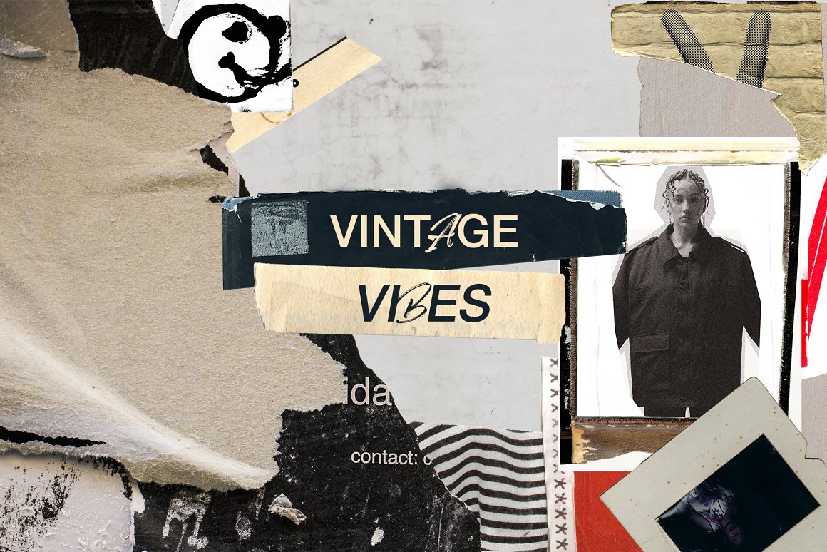 63款复古美式欧洲撕纸人物宝丽来胶片纸张拼贴画PNG免抠图设计素材 Vintage Vibes / Collage Art （8171）