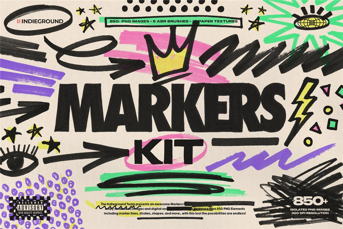 850个趣味灵感马克笔Y2K涂鸦笔触形状图形插画箭头标记PS笔刷纸张肌理设计套装 Markers Kit Indieground（8198）图层云