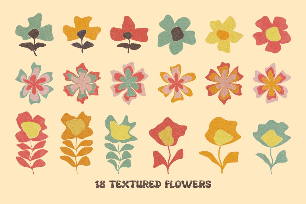 160+70年代复古做旧纸张扭曲条纹方格抽象花卉图形INS风海报PS设计套装 Groovy Textured Instagram Pack（8246）图层云