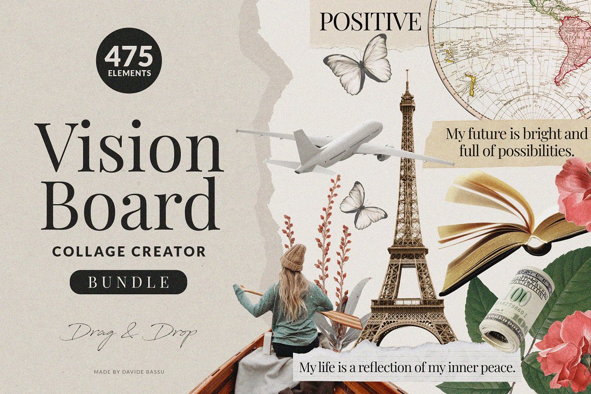 475个复古美式自然旅行植物主题撕纸胶带拼贴画PNG免抠图设计素材套装 Vision Board Collage Creator（8250）