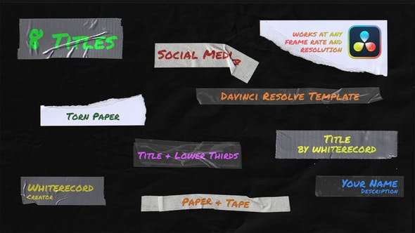 达芬奇模板：复古透明纸胶带撕纸纹理定格动画文字标题 Paper & Tape | Titles & Lower Thirds（8428）