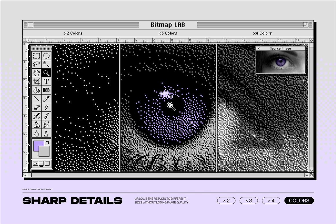 新潮复古像素美感8位半色调抖动毛刺像素化显示效果PS动作 Samolevsky – Bitmap LAB – pixel halftone action（8478）图层云