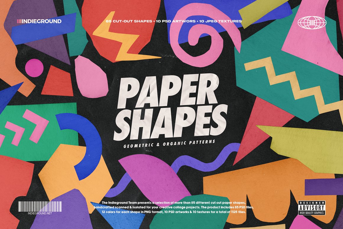 1125款孟菲斯风撕裂剪纸多彩卡纸纸片拼贴艺术纸张纹理图片PS设计素材 Indieground Design – Paper Shapes（8492）