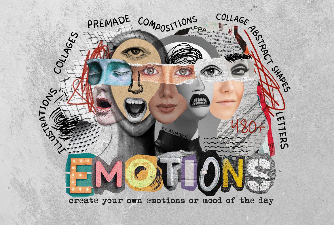 超现实主义艺术抽象人物五官表情情绪字母撕纸剪贴画剪报拼贴PNG设计套装 Emotions. Collage & Illustrations（8499）
