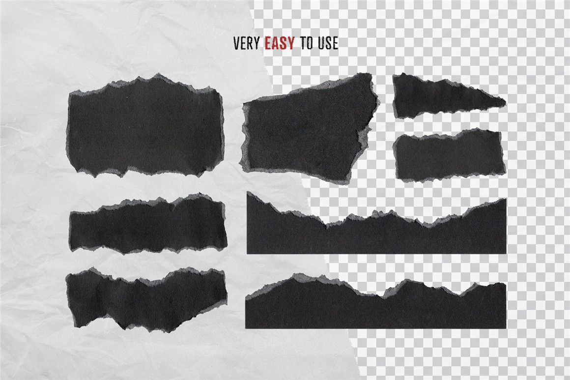 垃圾美学黑色撕纸毛边效果纸张纹理PNG免抠背景图片设计素材 Black Torn Paper Texture Pack（8602）图层云
