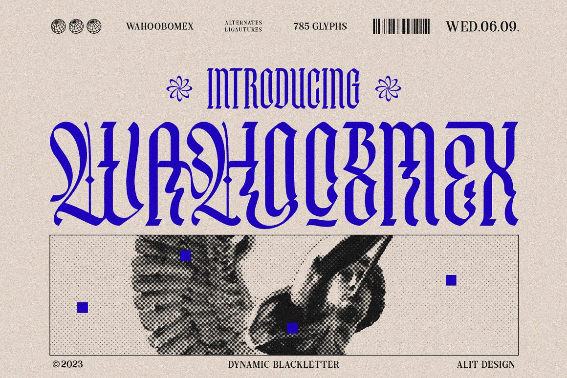新潮酸性中世纪哥特式海报杂志排版电音专辑封面标题设计英文字体 Wahoobomex Dynamic Blackletter（8683）