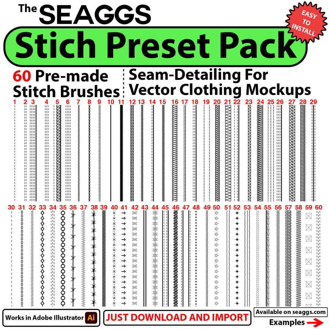 60个潮流服装设计手绘矢量模型预制针迹预设 Seaggs Vector Stitch Presets（8756）图层云