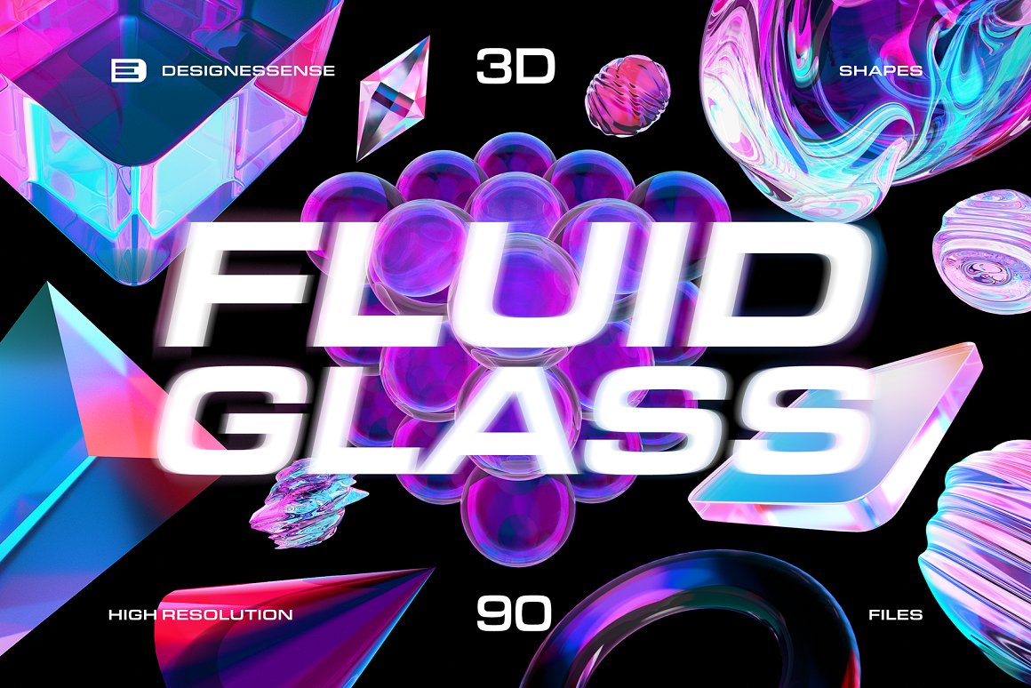 90款全息渐变透明多彩玻璃水晶抽象艺术3D流体几何PNG免抠图设计素材 Fluid Glass 3D Shapes（8877）